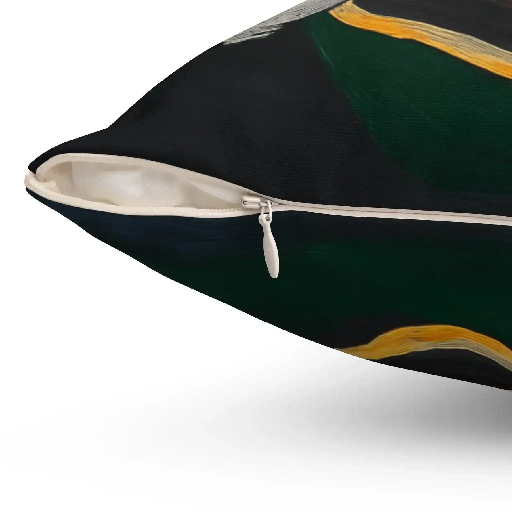 Silent Currents Throw Pillow corner zipper close-up showing deep teal-black fabric with a bold gold brushstroke band and white zip closure