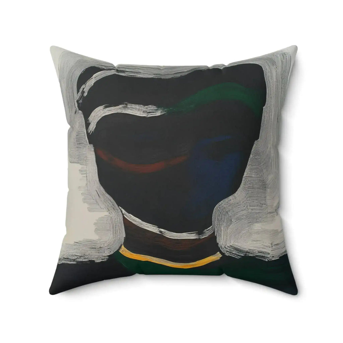 Silent Currents Throw Pillow showing the full abstract artwork with prominent white arc brushstroke at top, deep dark interior void, rust-orange curve, and gold bar
