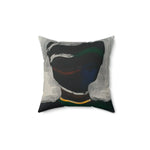 Silent Currents Throw Pillow with a moody dark abstract print featuring bold white brushstroke arcs framing a deep black-green center with a gold accent bar