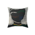 Silent Currents Throw Pillow with abstract dark painting of sweeping white brushstroke arcs over a black-green void with a thin gold stripe, full pillow view