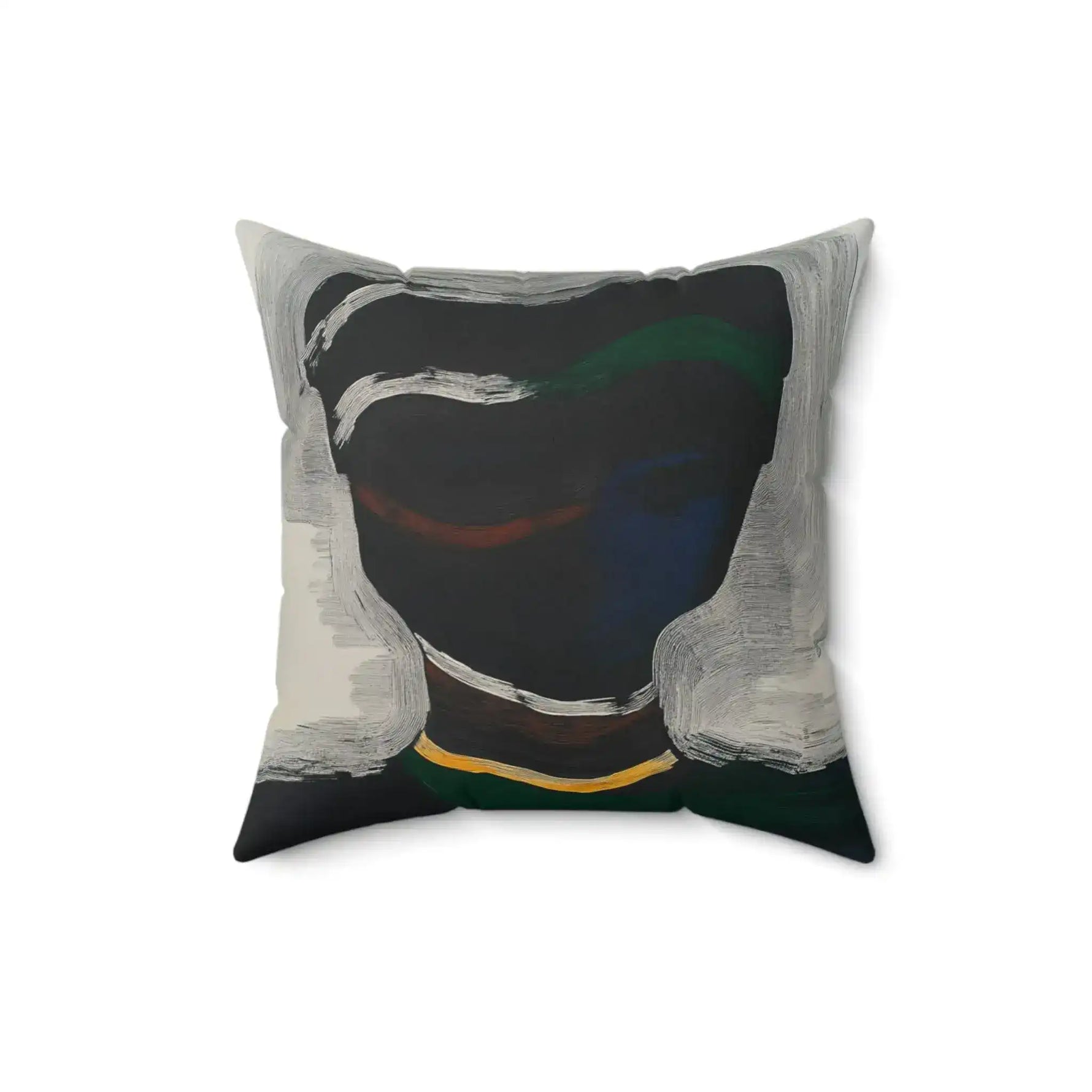 Silent Currents Throw Pillow with abstract dark painting of sweeping white brushstroke arcs over a black-green void with a thin gold stripe, full pillow view