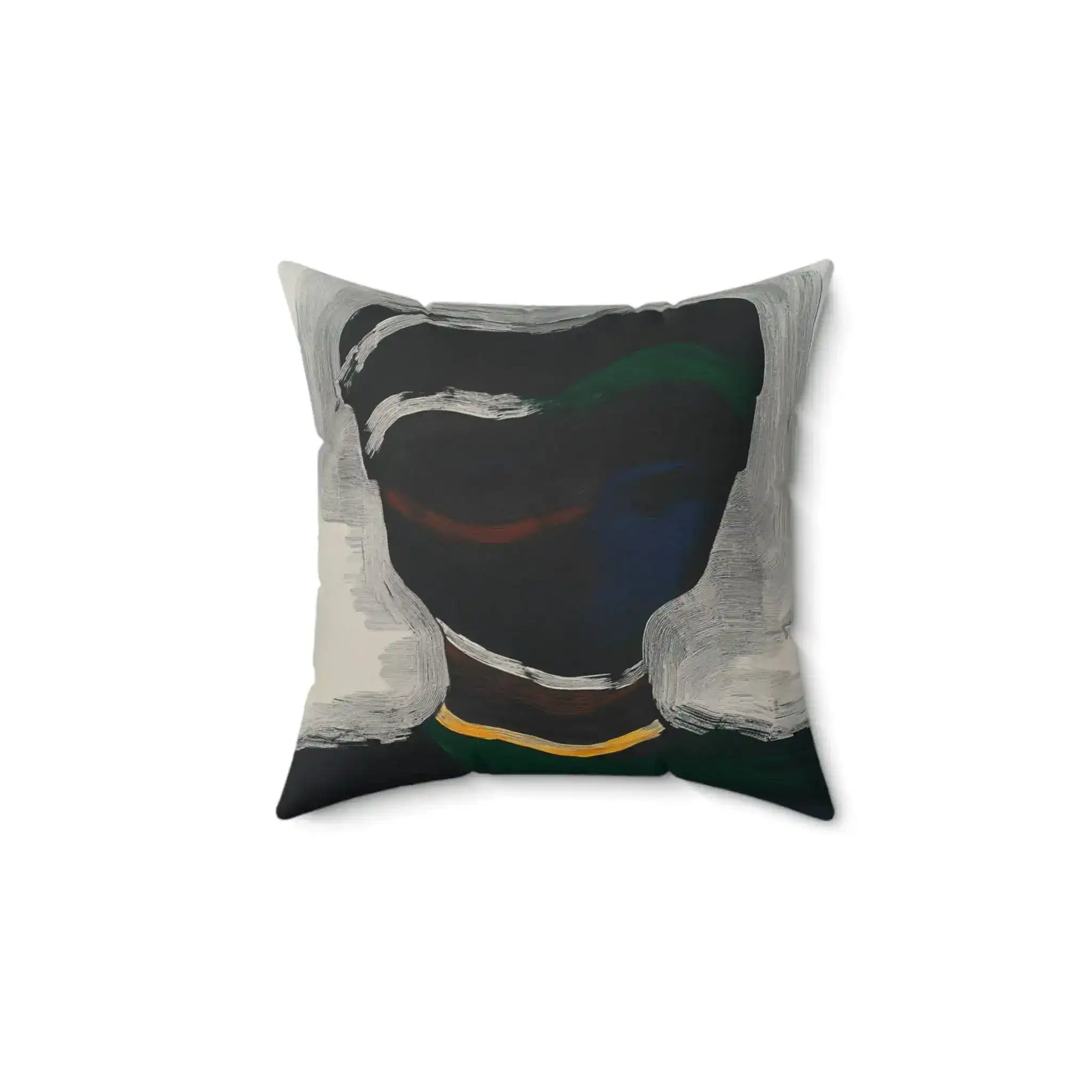 Silent Currents Throw Pillow with dark expressionist print of sweeping white brushstroke forms around a black center with emerald and cobalt tones and gold bar