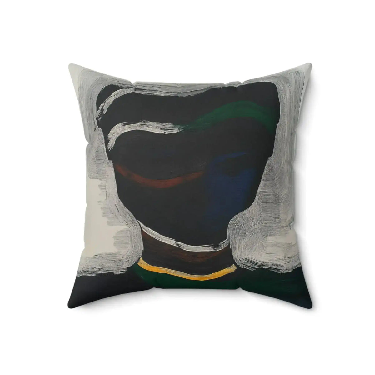 Silent Currents Throw Pillow with gestural dark abstract art print showing white curved brushstrokes over deep teal-black ground with a gold horizontal line