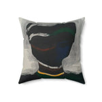 Silent Currents Throw Pillow with gestural dark abstract art print showing white curved brushstrokes over deep teal-black ground with a gold horizontal line
