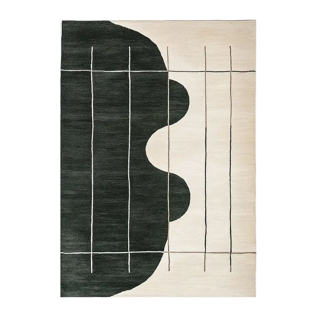 A contemporary area rug featuring an abstract design with bold black and beige colors, perfect for modern living room decor. This wool rug, suitable as a living room area rug in an 8x10 size, showcases a unique knotted pattern that adds texture and elegance.