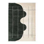 A contemporary area rug featuring an abstract design with bold black and beige colors, perfect for modern living room decor. This wool rug, suitable as a living room area rug in an 8x10 size, showcases a unique knotted pattern that adds texture and elegance.