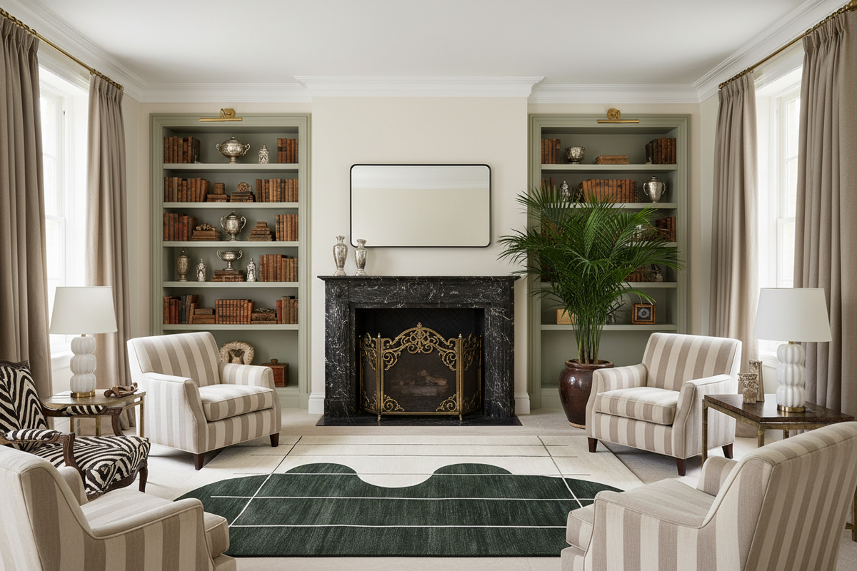 Luxurious living room with a fireplace, green knotted rug, bookshelves, and striped chairs.