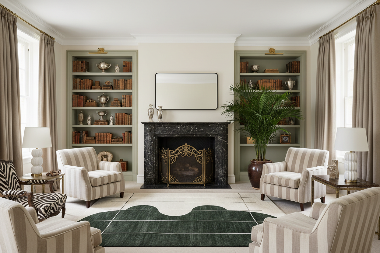 Luxurious living room with a fireplace, green knotted rug, bookshelves, and striped chairs.