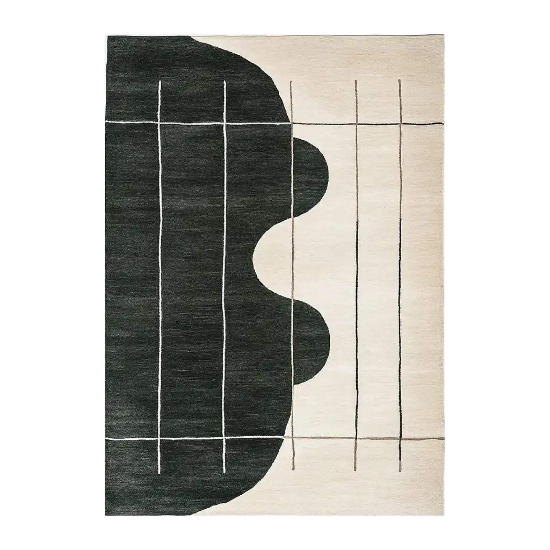A contemporary area rug featuring an abstract design with bold black and beige colors, perfect for modern living room decor. This wool rug, suitable as a living room area rug in an 8x10 size, showcases a unique knotted pattern that adds texture and elegance.