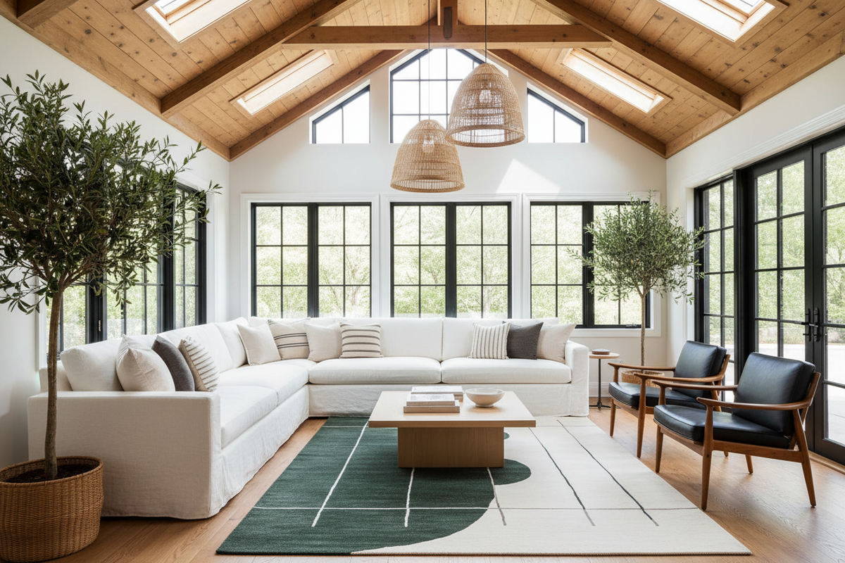 Modern living room with white sectional sofa, wooden coffee table, green and beige rug, and large windows.
