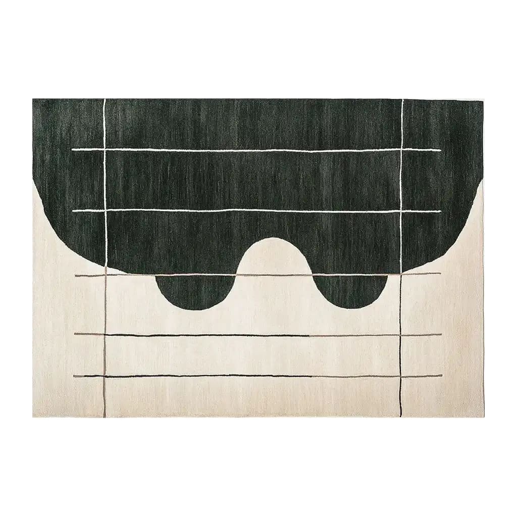 This image showcases the Silent Horizon Weave Knotted Wool Rug, a contemporary area rug perfect for modern living rooms. The design features bold geometric patterns in black and white, making it an ideal wool rug for adding a stylish touch to your space. Sized at 8x10, this living room area rug combines elegance with durability.