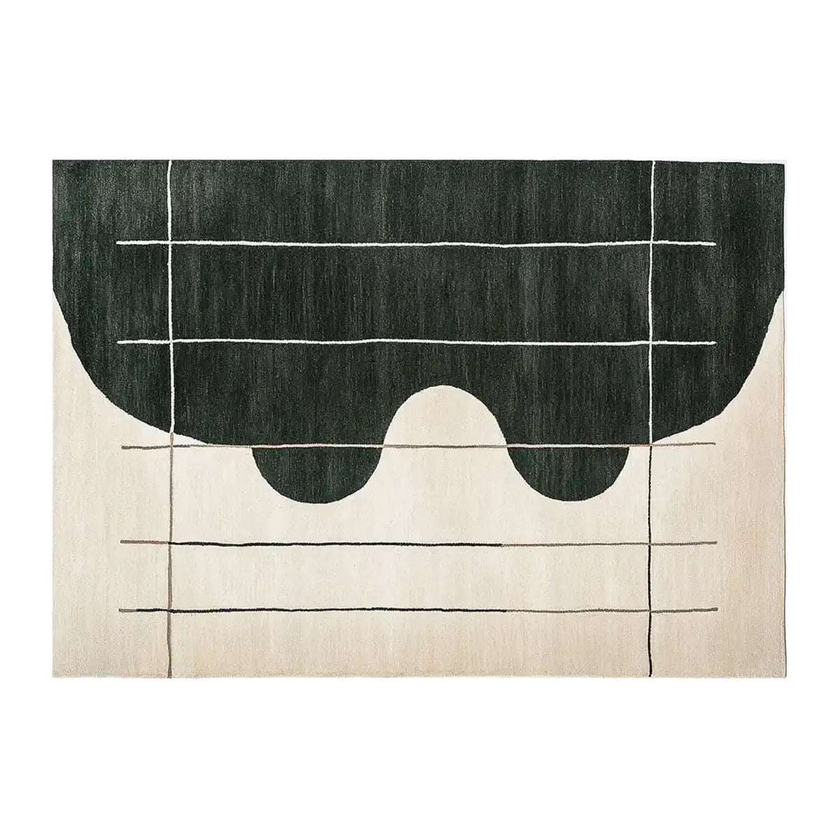 This image showcases the Silent Horizon Weave Knotted Wool Rug, a contemporary area rug perfect for modern living rooms. The design features bold geometric patterns in black and white, making it an ideal wool rug for adding a stylish touch to your space. Sized at 8x10, this living room area rug combines elegance with durability.