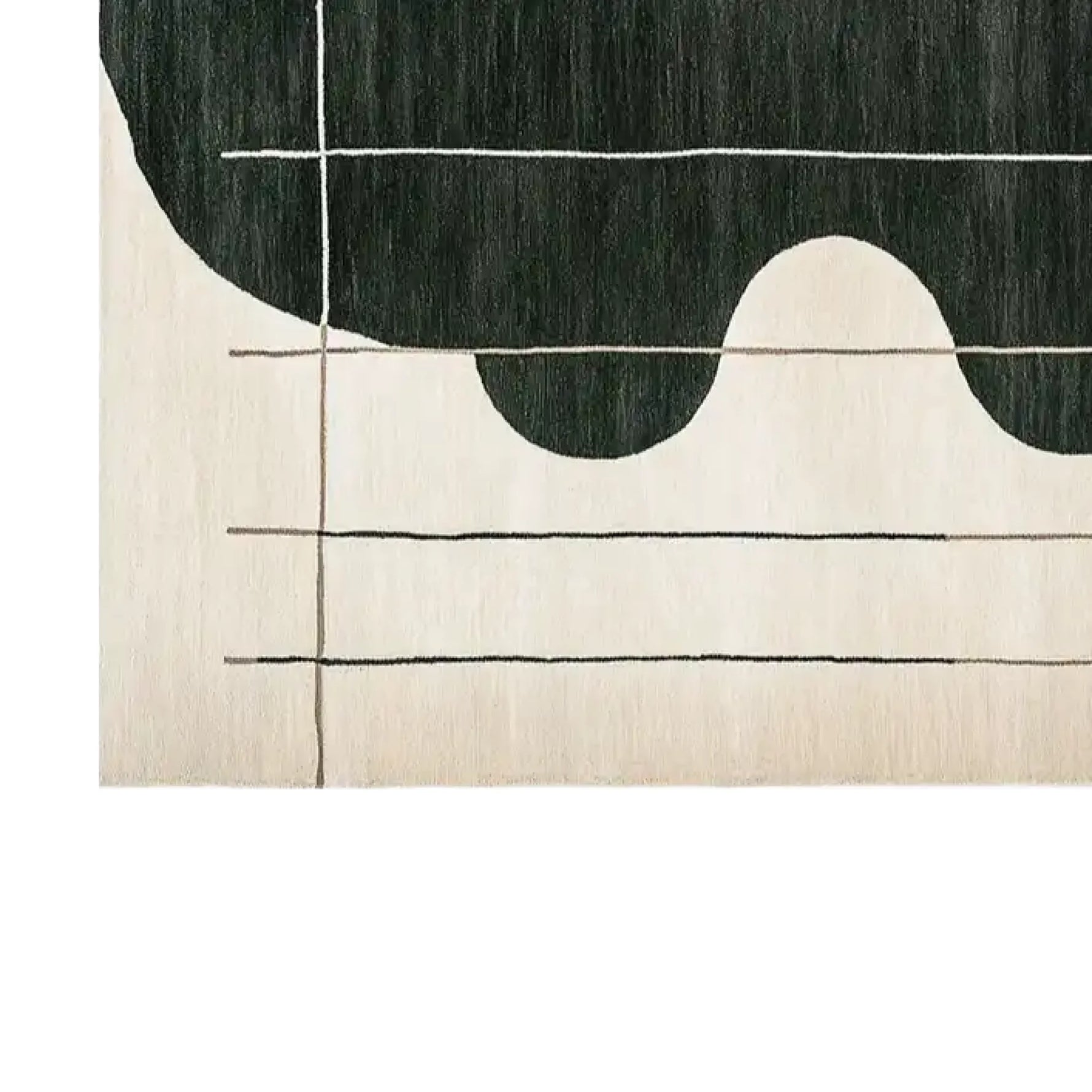 Close-up view of the Silent Horizon Weave Knotted Wool Rug showcasing its contemporary abstract design. This area rug features a harmonious blend of black and cream colors with intricate patterns, perfect for modern living room settings. Ideal for living room area rugs and available in 8x10 size.