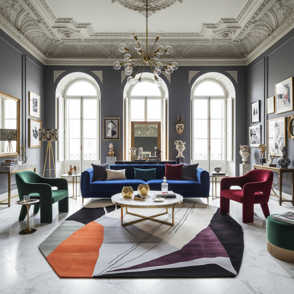 Modern living room with a blue sofa, colorful chairs, and decorative elements.