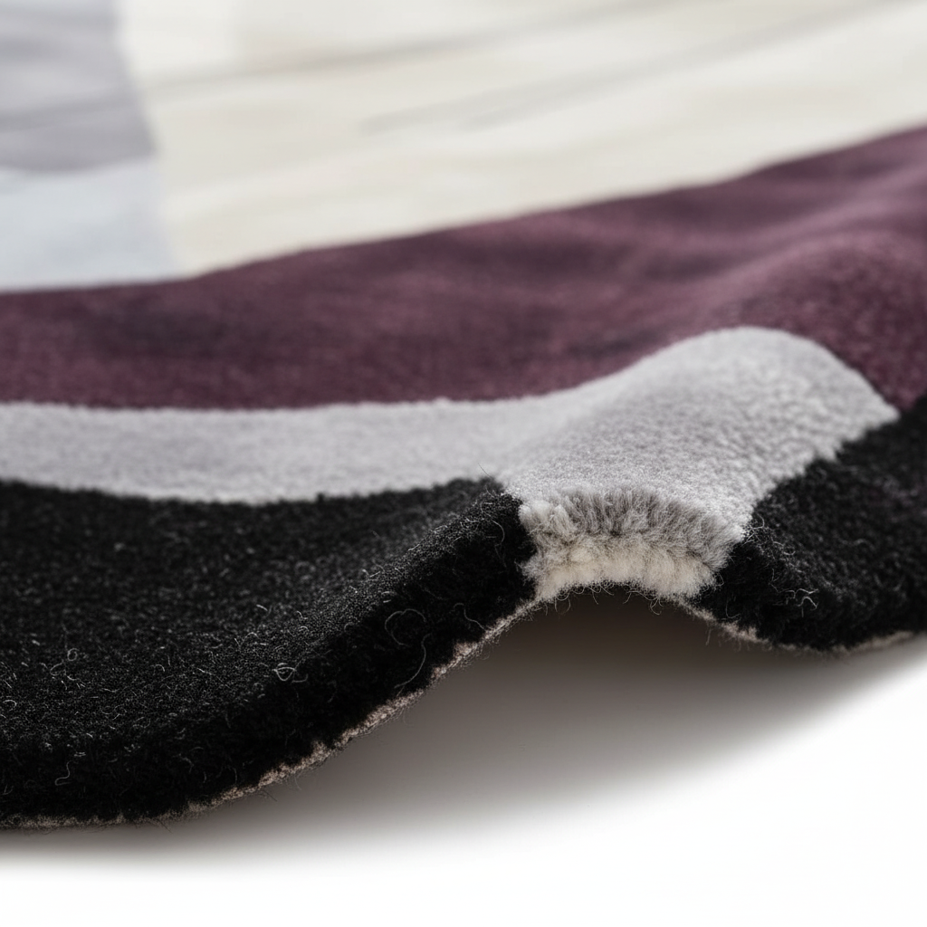 Close-up of a textured fabric with purple, gray, and black stripes on a white background.