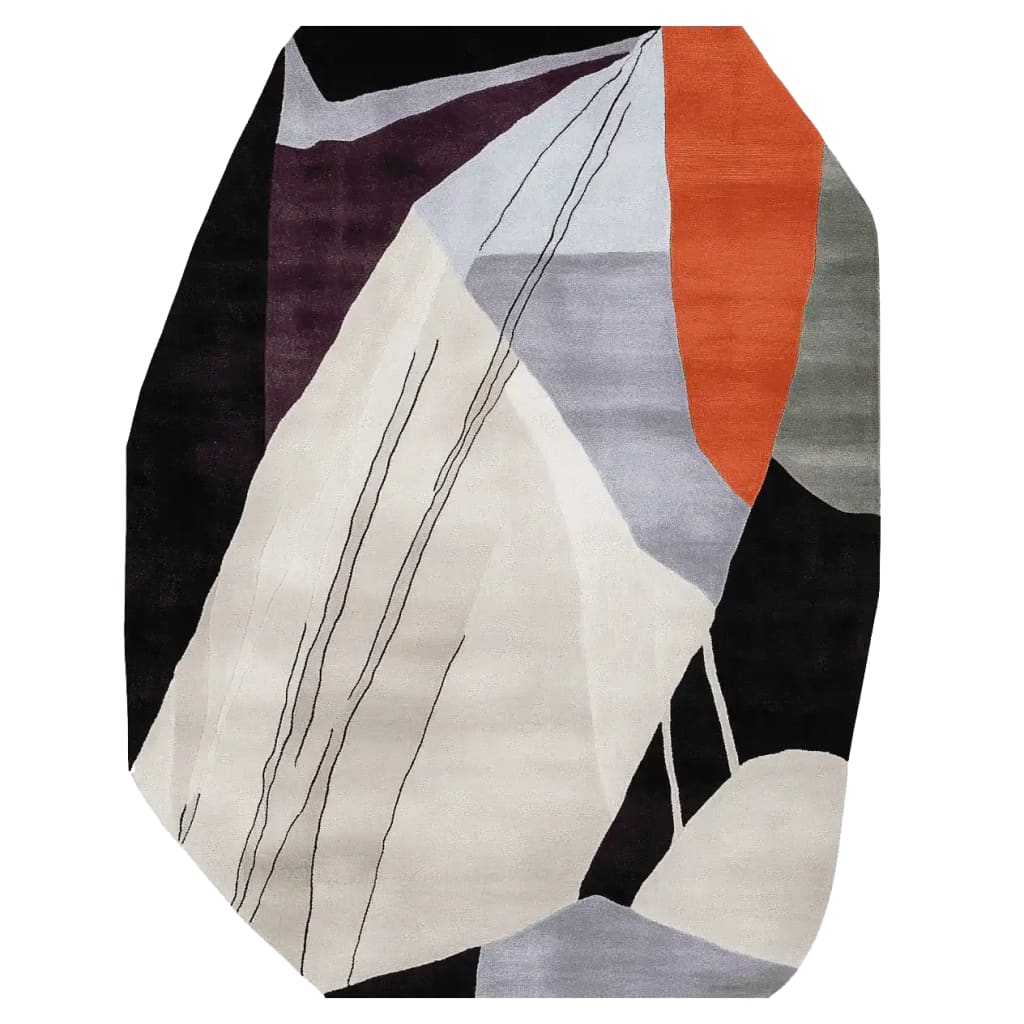 A contemporary wool area rug with an abstract design featuring bold geometric shapes in shades of orange, black, and cream, perfect for living rooms. This hand-tufted rug measures 8x10, ideal for adding a modern touch to any living space.