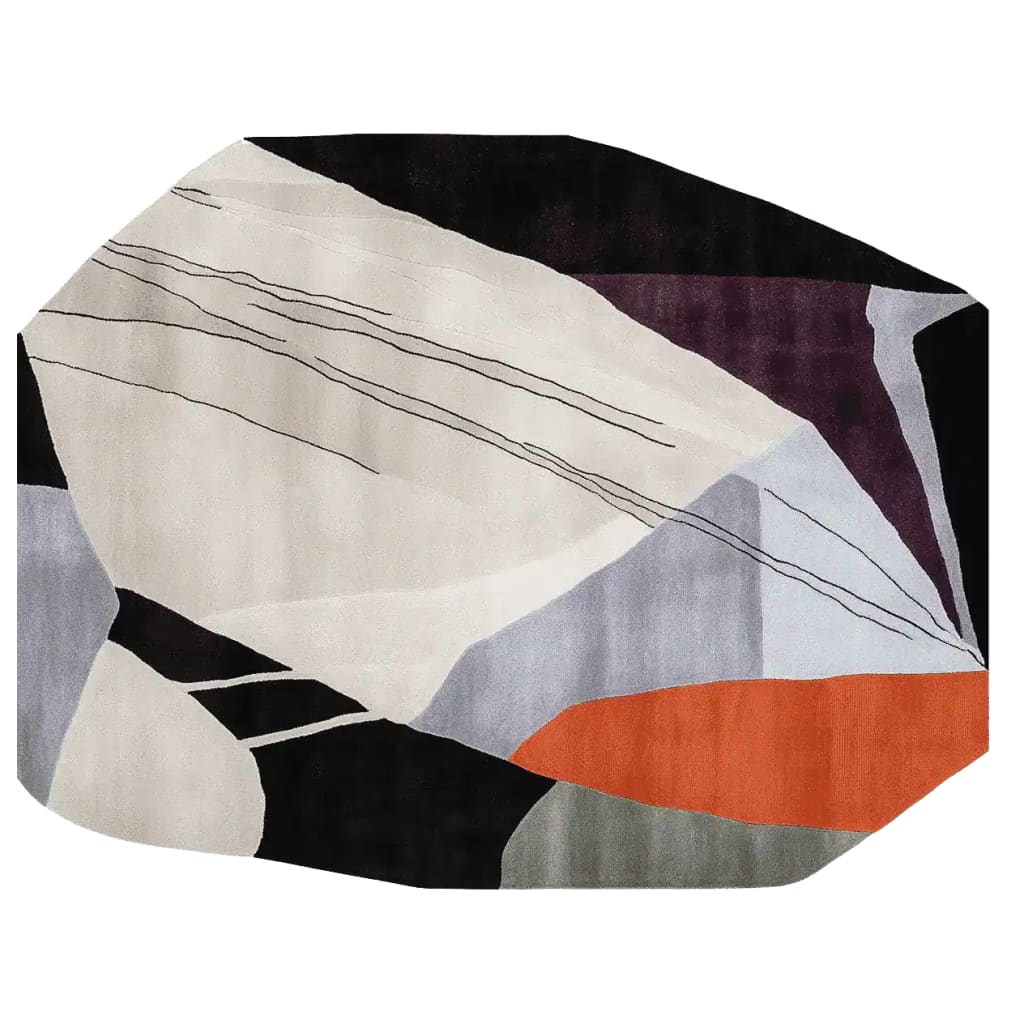 Stylish and contemporary hand-tufted wool area rug featuring an abstract geometric design in shades of black, white, gray, orange, and purple. Perfect for adding a modern touch to living room spaces, this 8x10 rug offers both comfort and elegance.