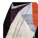 Abstract design of a Silent Shape Theory Hand Tufted Rug, showcasing a contemporary blend of colors including black, orange, purple, and cream. This wool area rug is perfect for adding a modern touch to living rooms, especially in an 8x10 size.