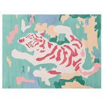 A vibrant area rug featuring an abstract tiger design with bold red stripes against a colorful background of green, blue, and peach tones. This contemporary wool rug adds a unique artistic flair to any living room, combining modern style with the natural elegance of a hand-tufted wool rug.
