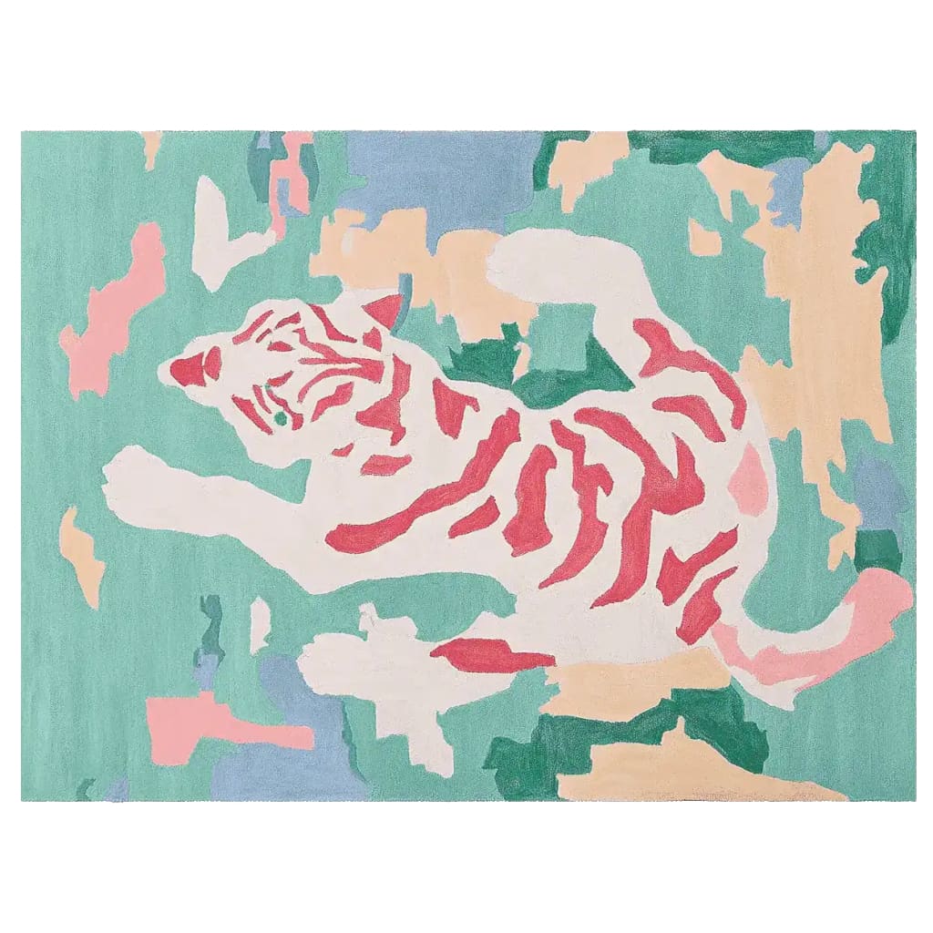 A vibrant area rug featuring an abstract tiger design with bold red stripes against a colorful background of green, blue, and peach tones. This contemporary wool rug adds a unique artistic flair to any living room, combining modern style with the natural elegance of a hand-tufted wool rug.