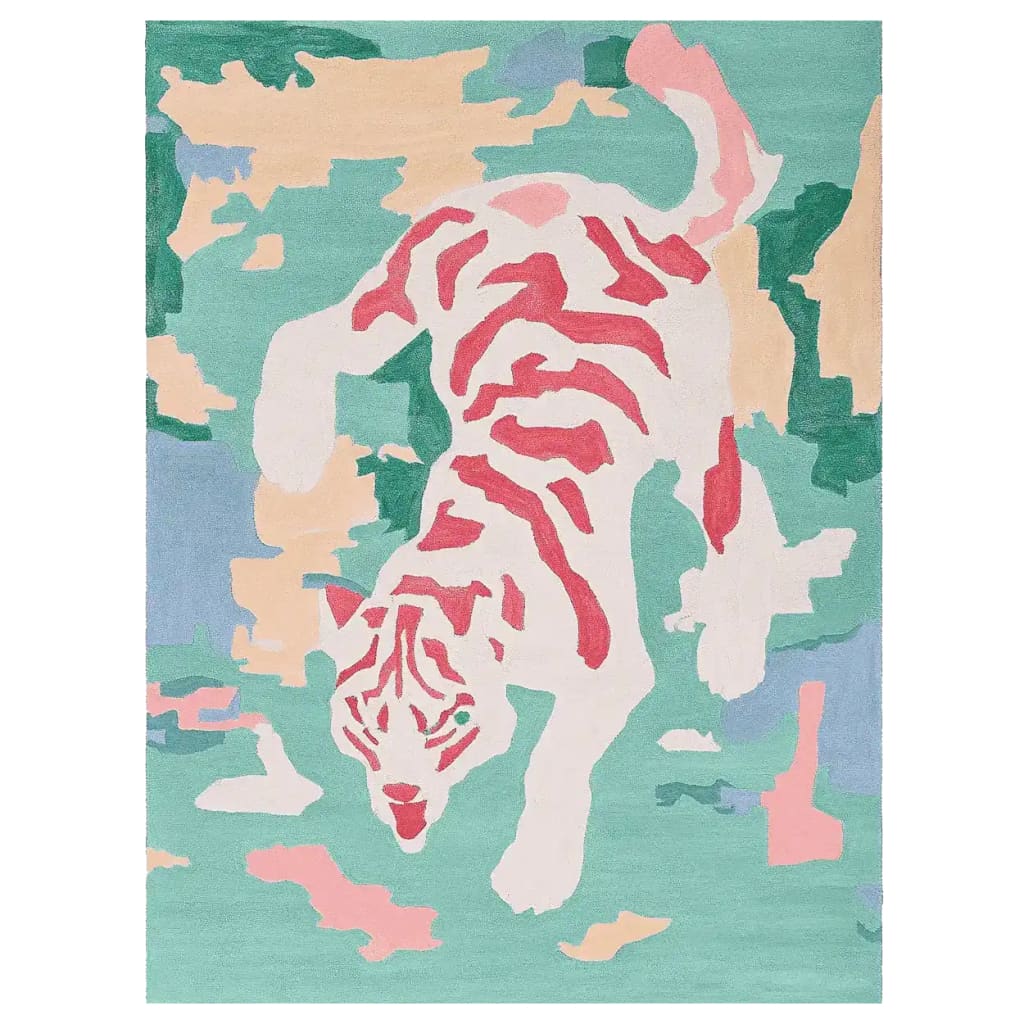 This vibrant area rug features an abstract tiger design with bold red stripes on a multicolored background, perfect as a contemporary rug for your living room. Made from high-quality wool, this hand-tufted rug adds a touch of artistic flair to any space.