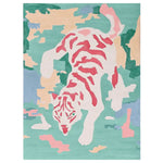 This vibrant area rug features an abstract tiger design with bold red stripes on a multicolored background, perfect as a contemporary rug for your living room. Made from high-quality wool, this hand-tufted rug adds a touch of artistic flair to any space.