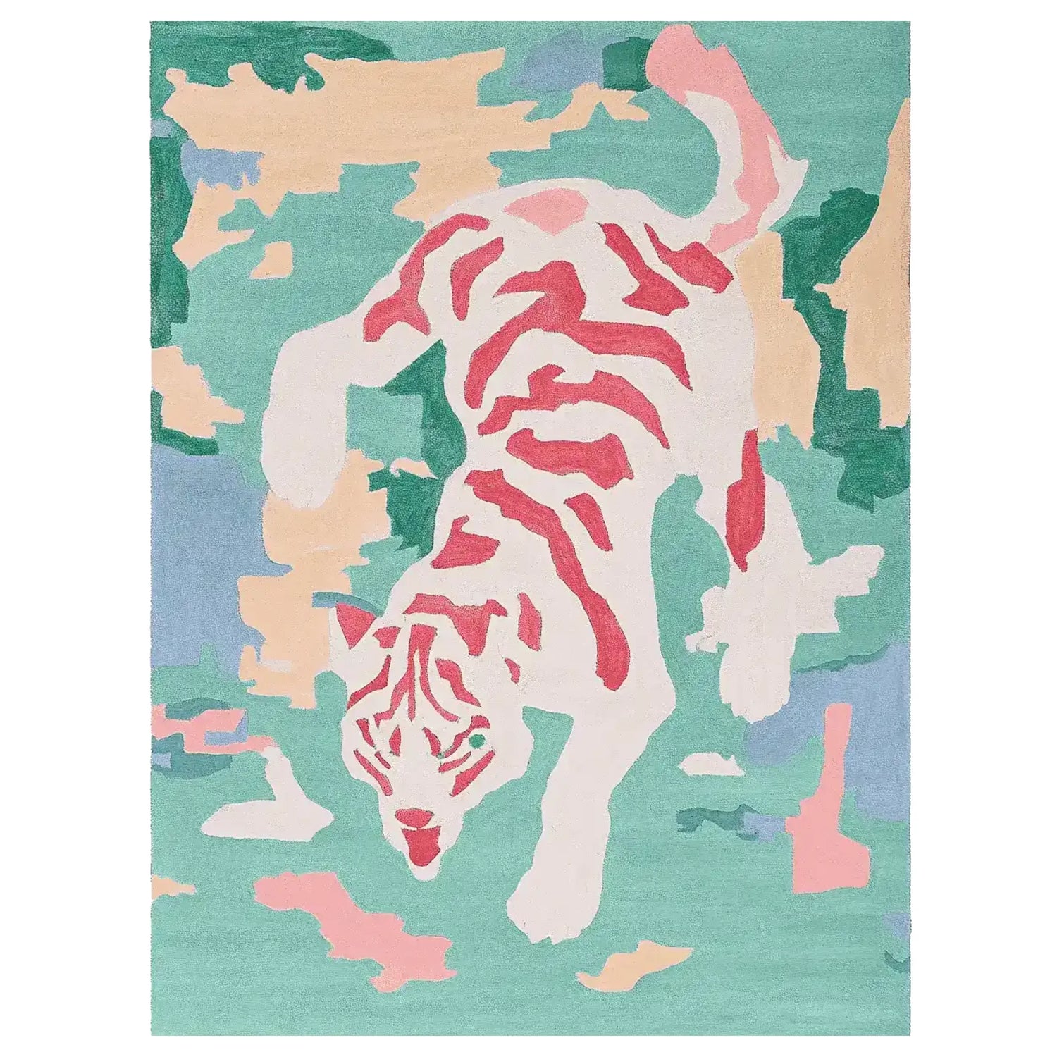 This vibrant area rug features an abstract tiger design with bold red stripes on a multicolored background, perfect as a contemporary rug for your living room. Made from high-quality wool, this hand-tufted rug adds a touch of artistic flair to any space.