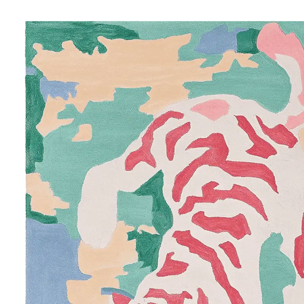 Top view of the Silent Stripe Hunt Hand Tufted Rug showcasing an abstract design in vibrant colors, perfect as a contemporary wool rug for your living room area.