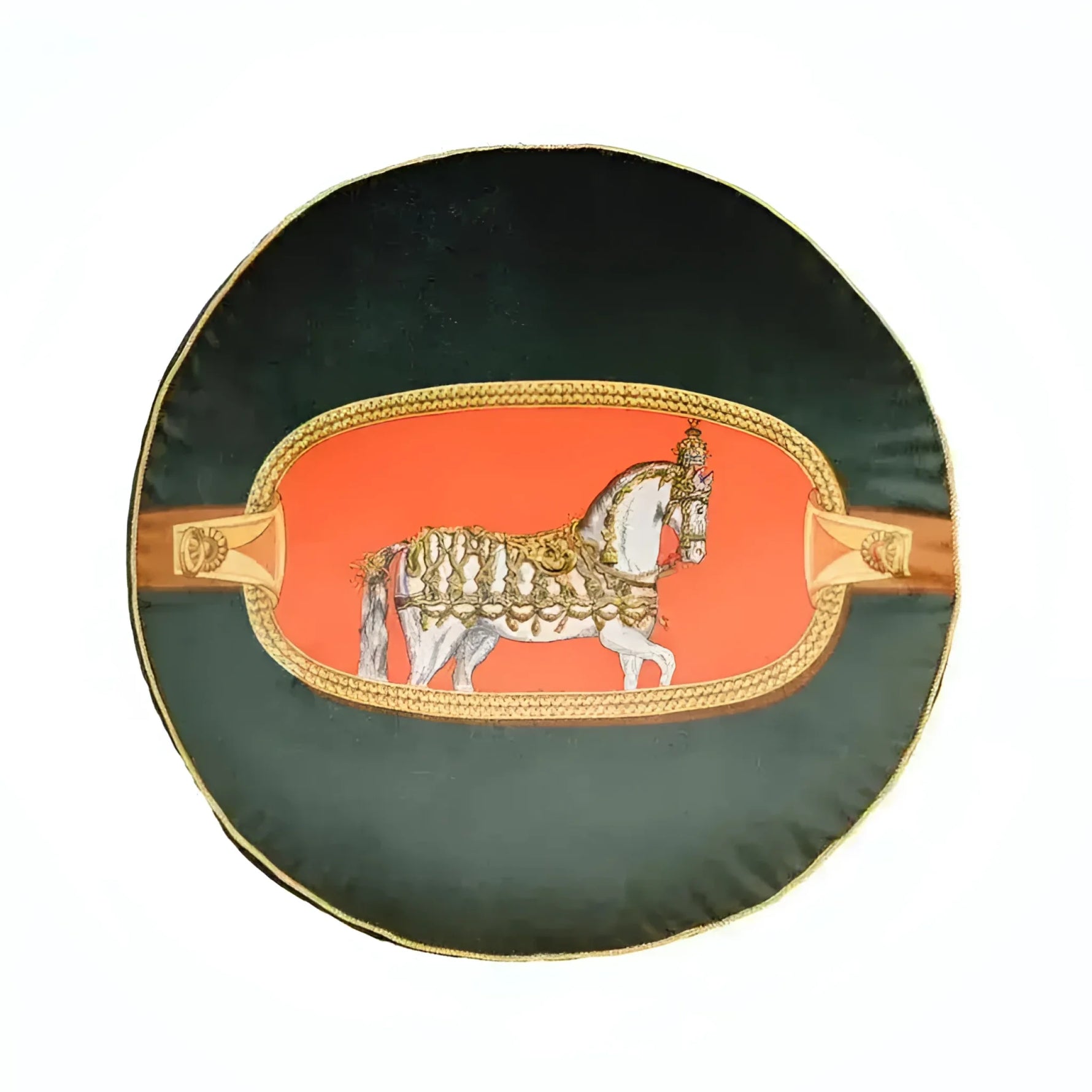 Round decorative throw pillow featuring a silky fabric with a horse design on a vibrant orange background, surrounded by a rich green border, perfect for adding a touch of elegance to any home decor.