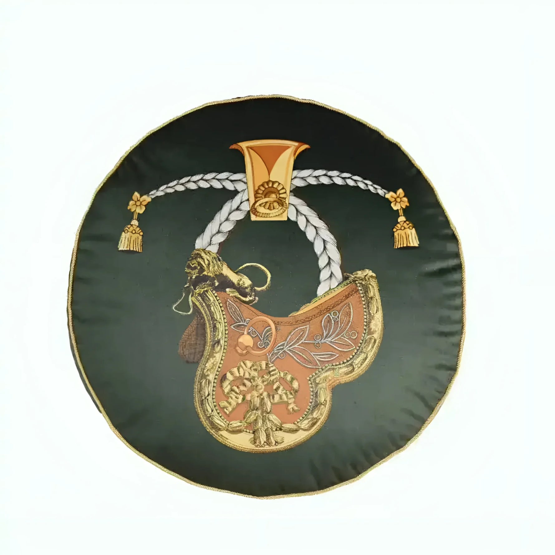 Round decorative throw pillow featuring an elegant saddle design with intricate detailing on a dark background.