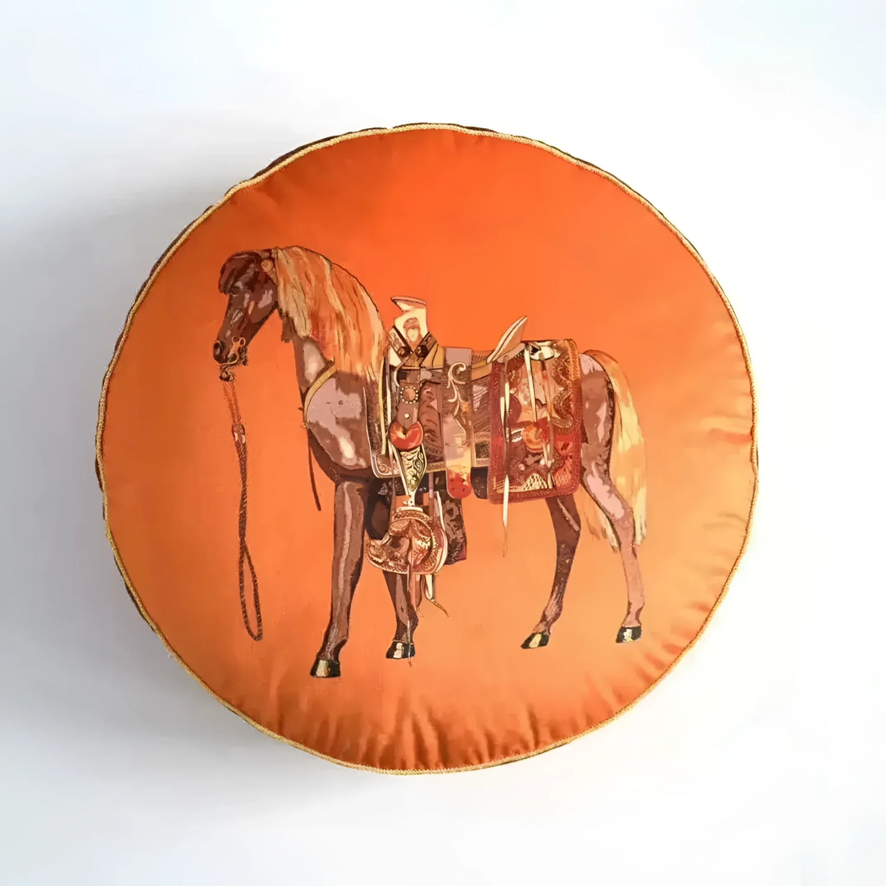 Round decorative throw pillow featuring a beautifully illustrated horse on an orange background, perfect for home decor.