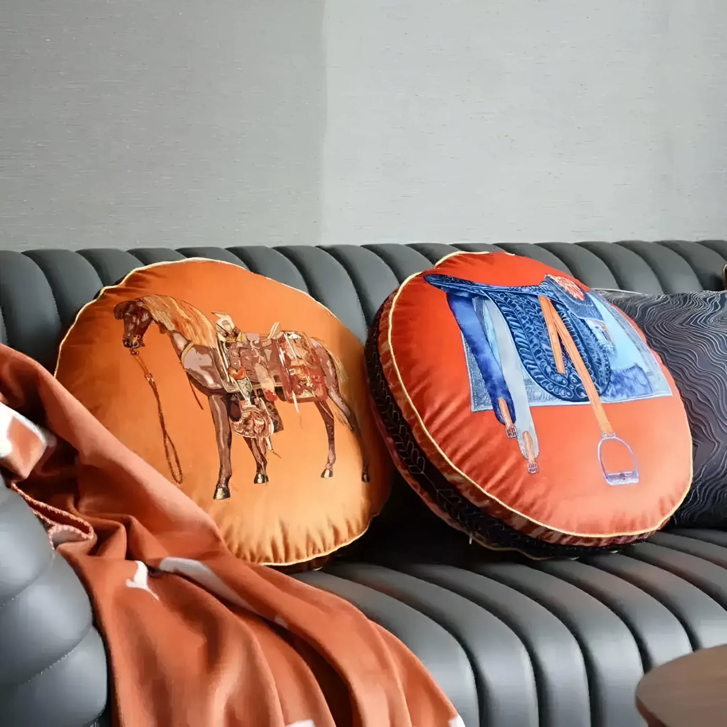 Silky throw pillow featuring a decorative horse design, perfect for adding a touch of elegance to your home decor.