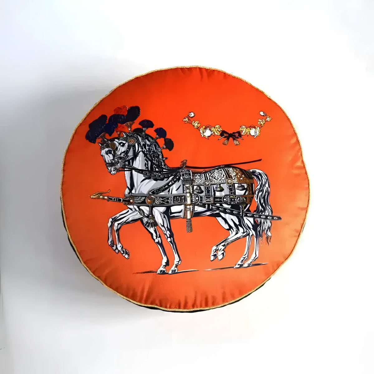 Round decorative throw pillow featuring a beautifully embroidered horse design on an orange background, perfect for adding a touch of elegance to any room.