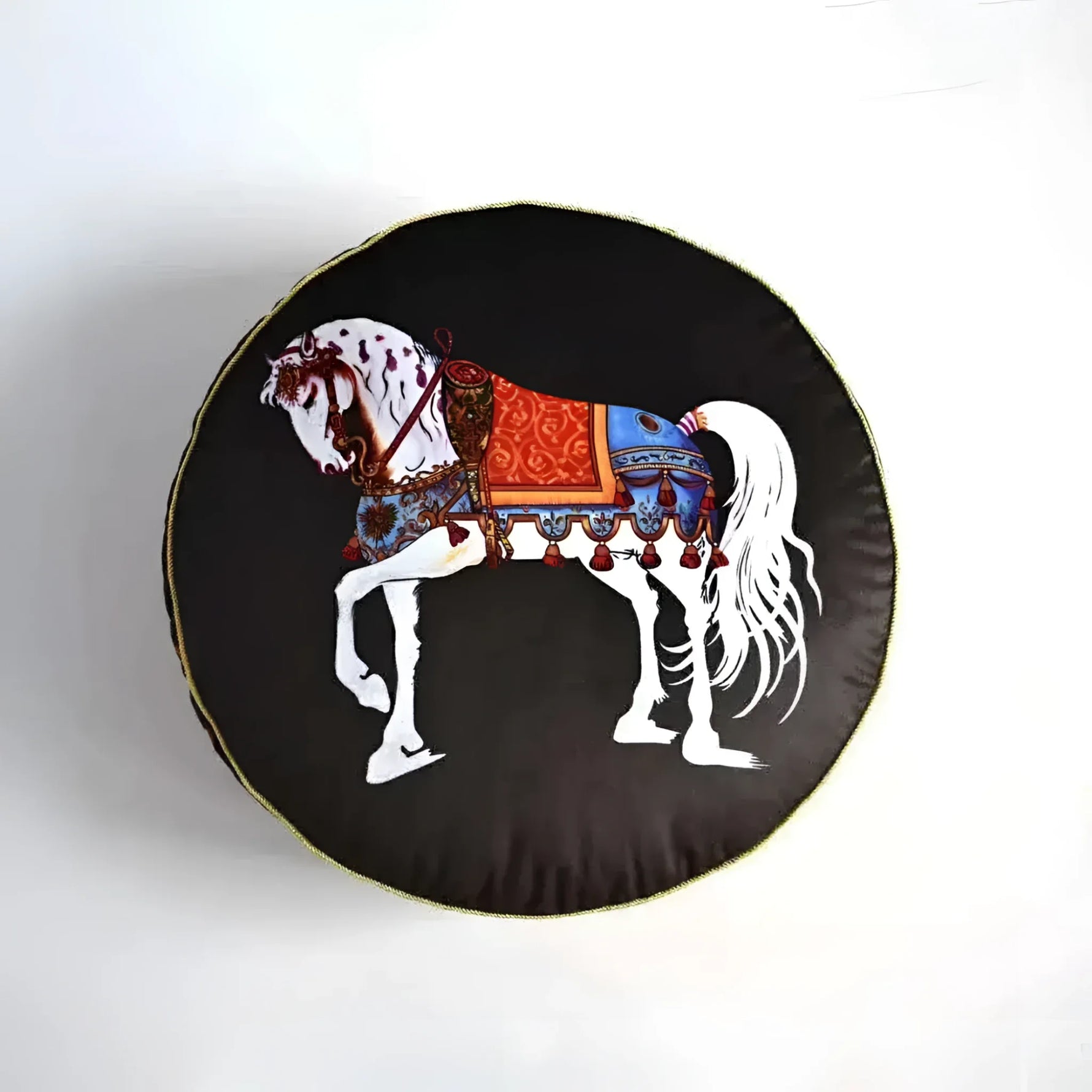 Round decorative throw pillow featuring a beautifully illustrated horse design on a black background, perfect for home decor.