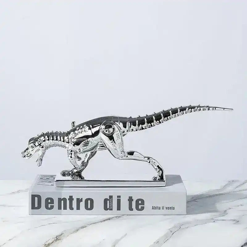 silver metallic Tyrannosaurus Rex Dinosaur Sculpture with skeleton detail on marble display base, side view