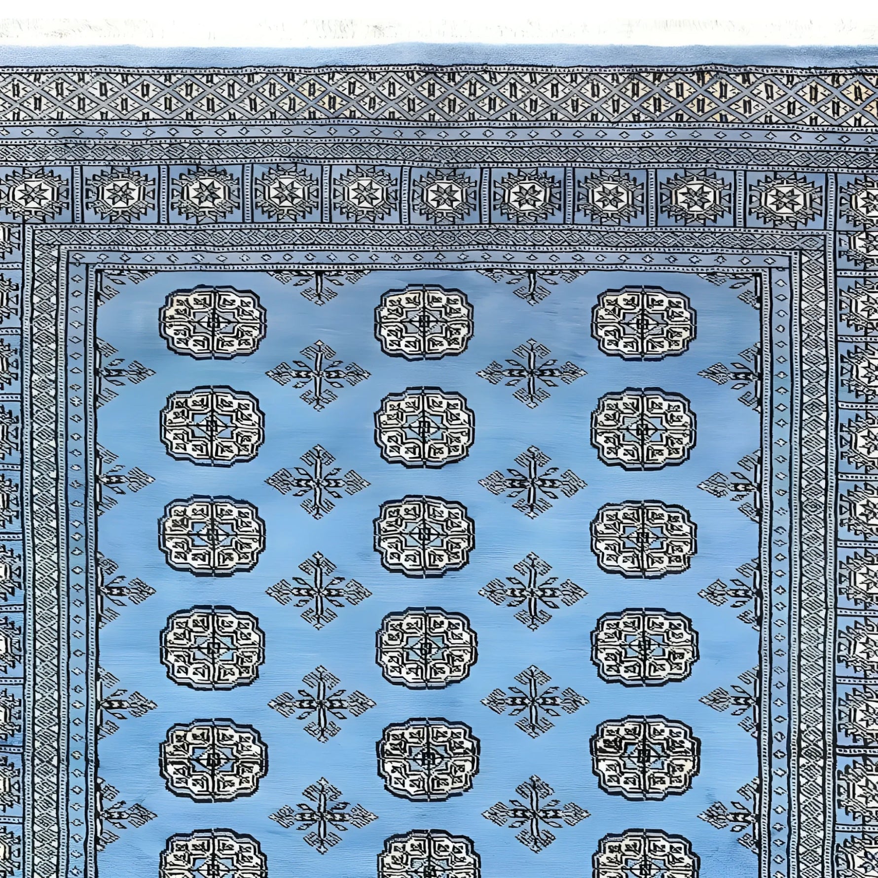 A beautifully intricate Sky Blue Anirudha Hand Knotted Area Rug featuring detailed geometric patterns in a soothing blue tone. Perfect for adding elegance to living room area rugs or as a standout piece in any rugs for living room collection.