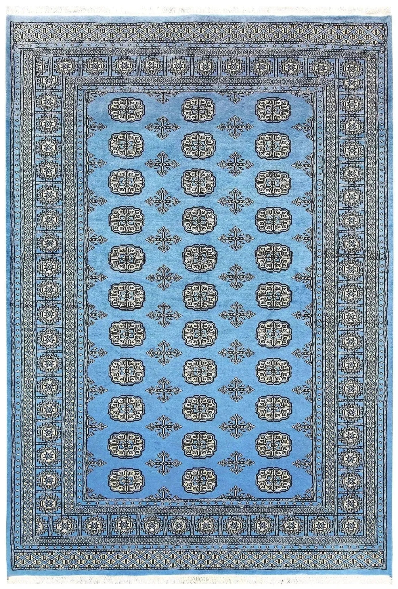 Sky Blue Anirudha hand-knotted area rug featuring intricate geometric patterns, perfect for elevating any living room space. This exquisite rug combines traditional craftsmanship with modern style, making it a standout choice among living room area rugs and rugs for living room decor.