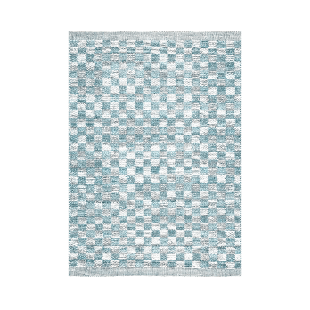 Sky Blue Checkered Jute Rug with Fringe