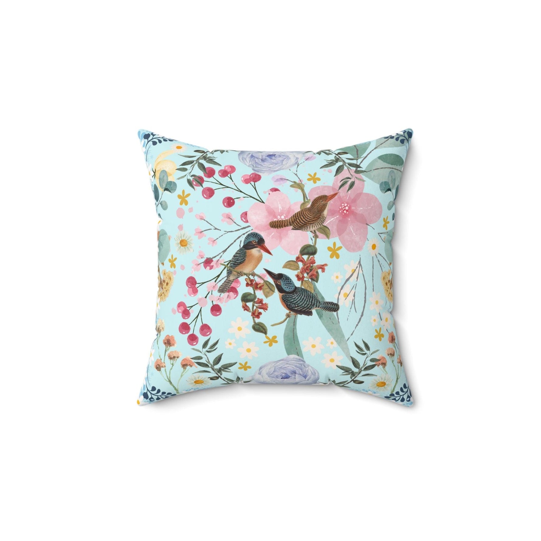 Sky Blue Chinoiserie Flower and Birds Throw Pillow 14" × 14"