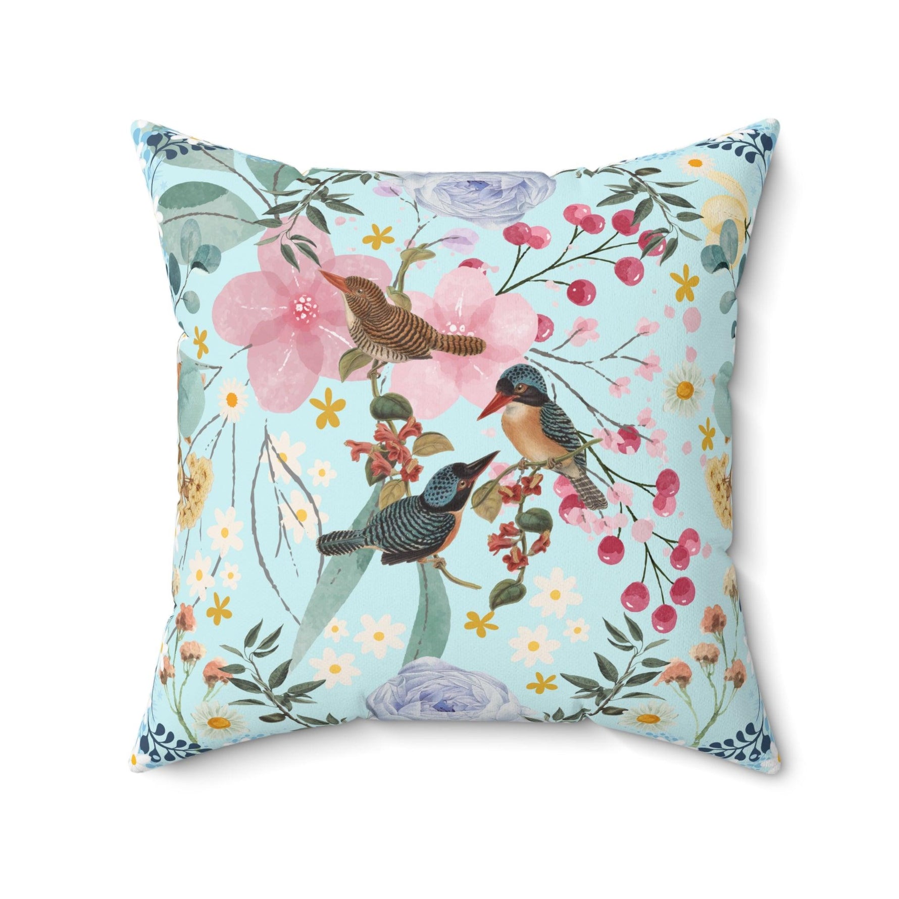 Sky Blue Chinoiserie Flower and Birds Throw Pillow