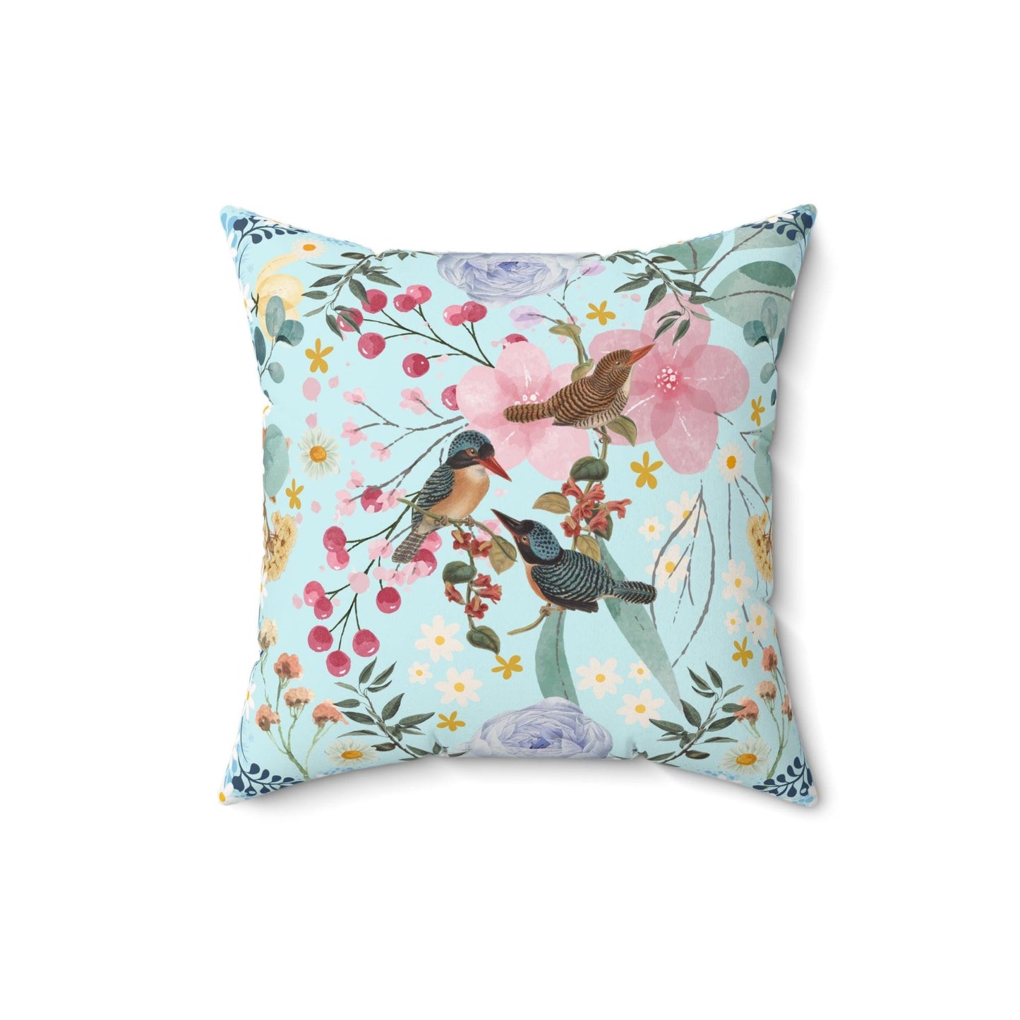 Sky Blue Chinoiserie Flower and Birds Throw Pillow 16" × 16"