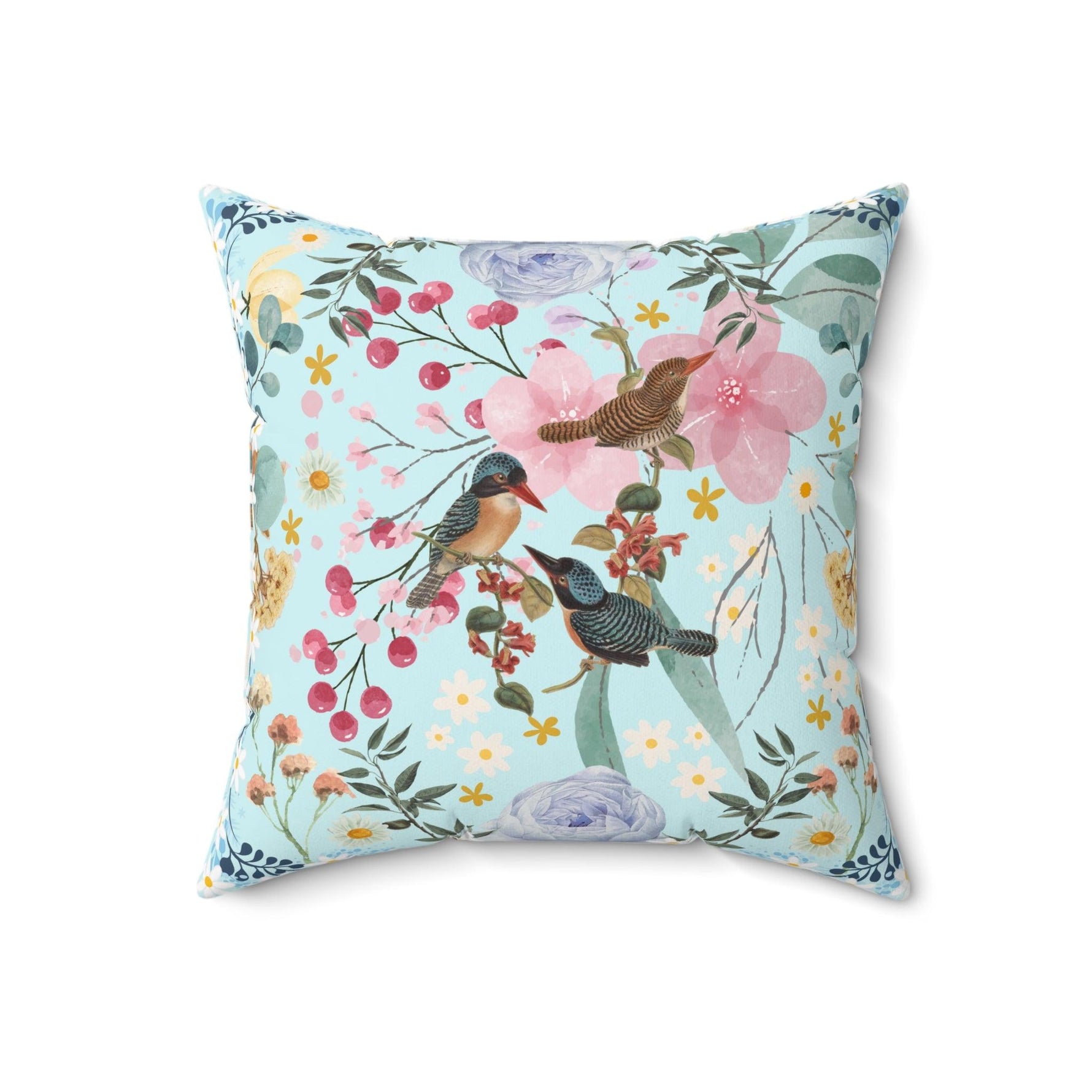 Sky Blue Chinoiserie Flower and Birds Throw Pillow 18" × 18"