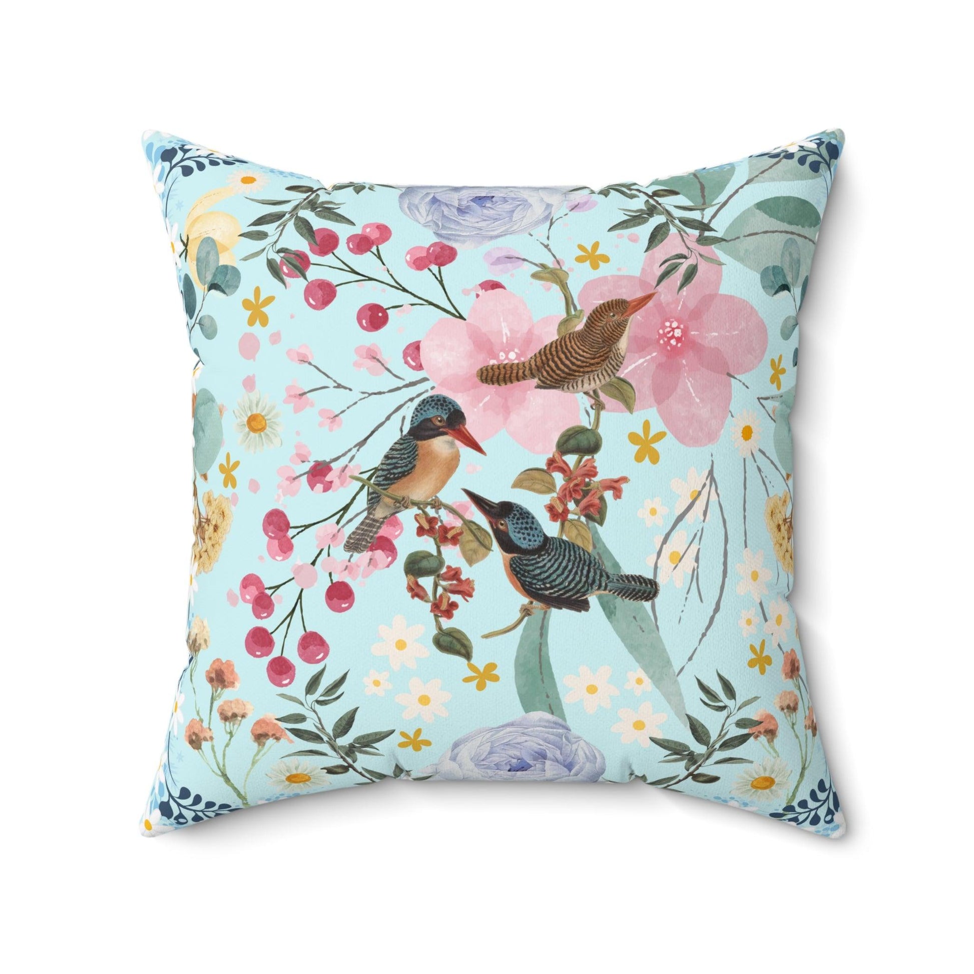 Sky Blue Chinoiserie Flower and Birds Throw Pillow 20" × 20"