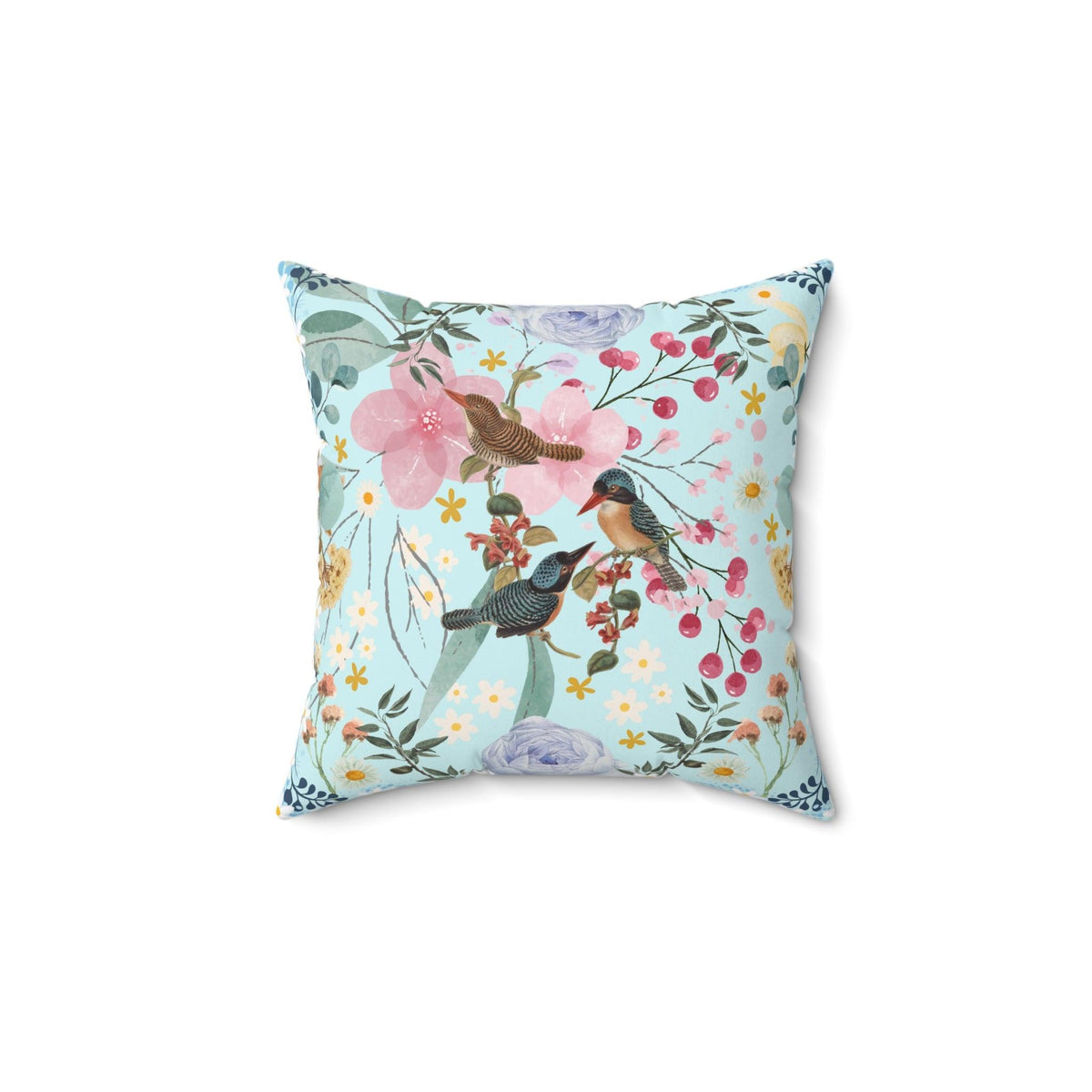 Sky Blue Chinoiserie Flower and Birds Throw Pillow