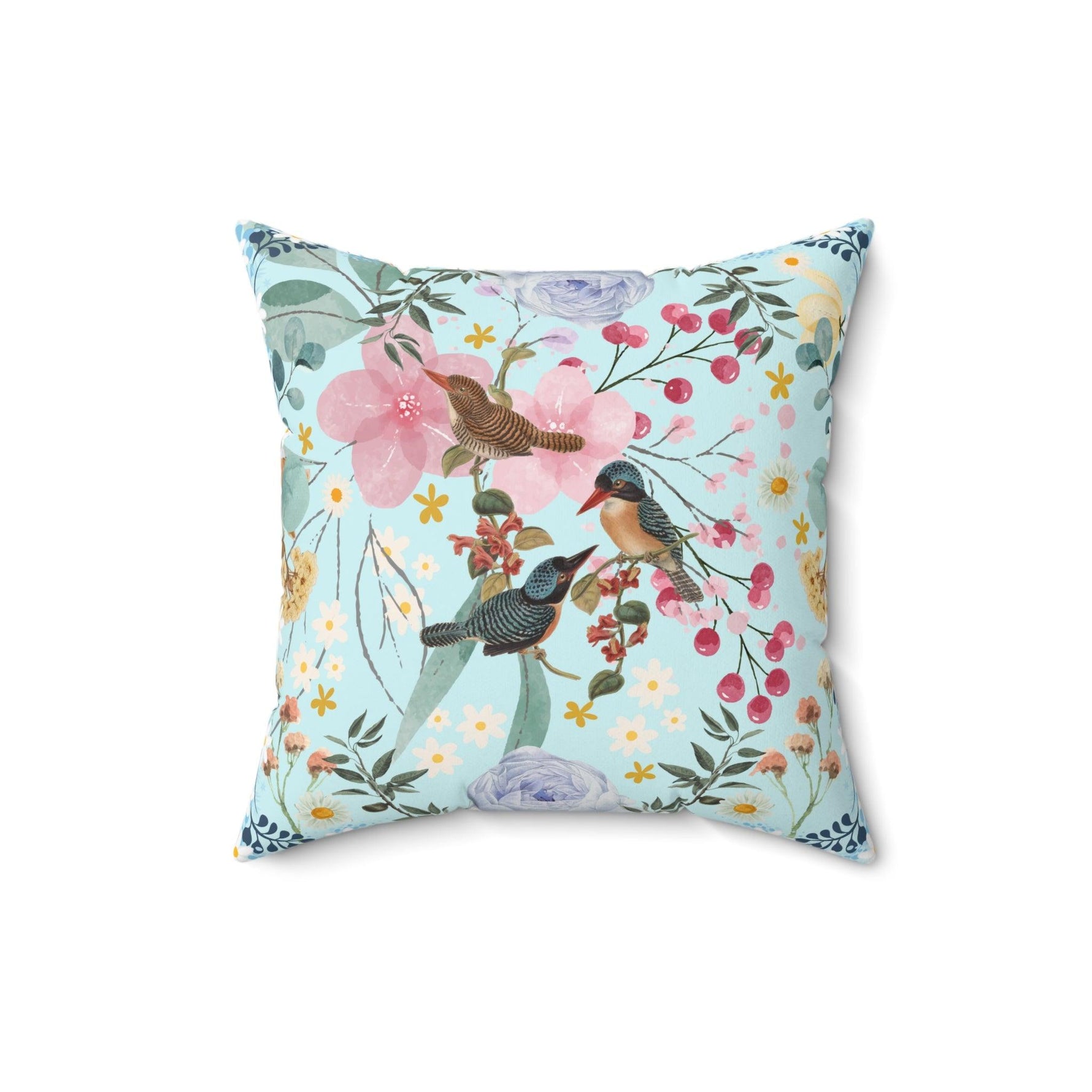 Sky Blue Chinoiserie Flower and Birds Throw Pillow