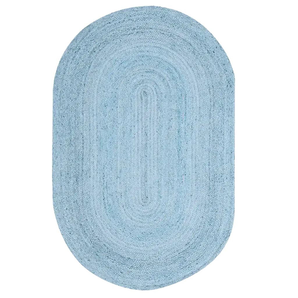 Sky Blue Elongated Oval Jute Rug showcasing an elegant boho design, perfect as an area rug for living rooms or dining rooms. The soft blue tones add a serene touch, making it an ideal choice for those seeking rugs for living room or dining room spaces.