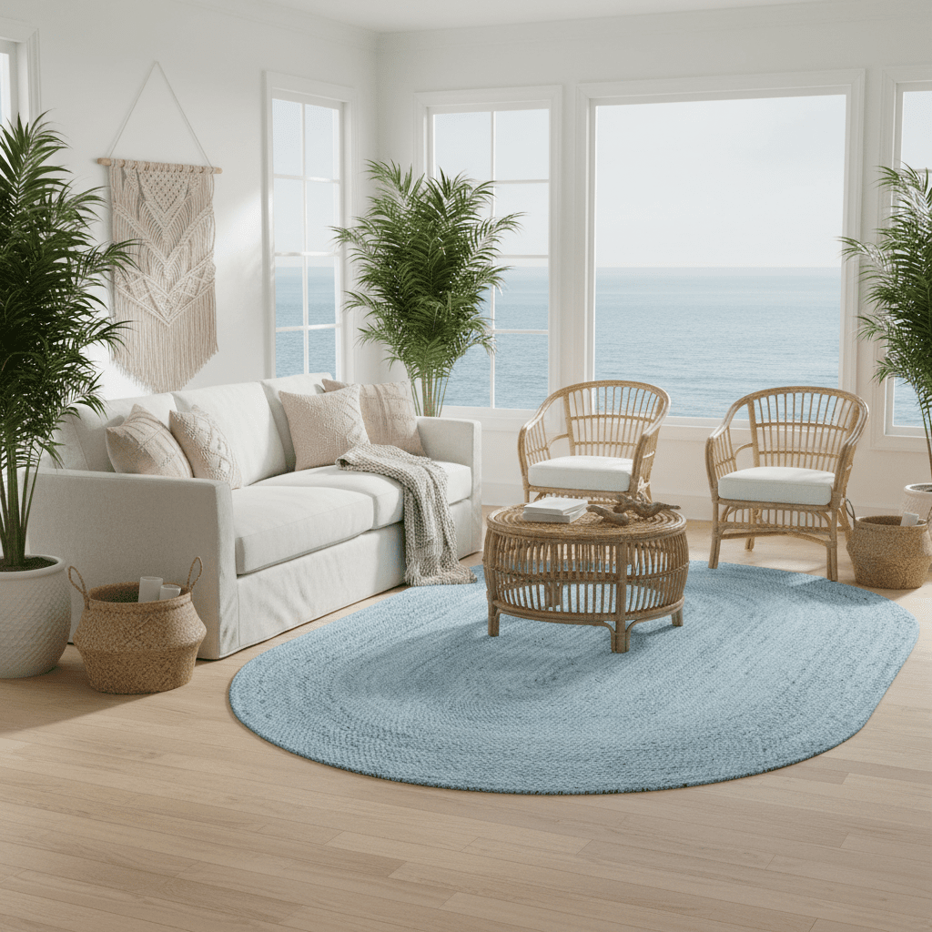 Modern living room with a white sofa, wicker chairs, and a blue rug.