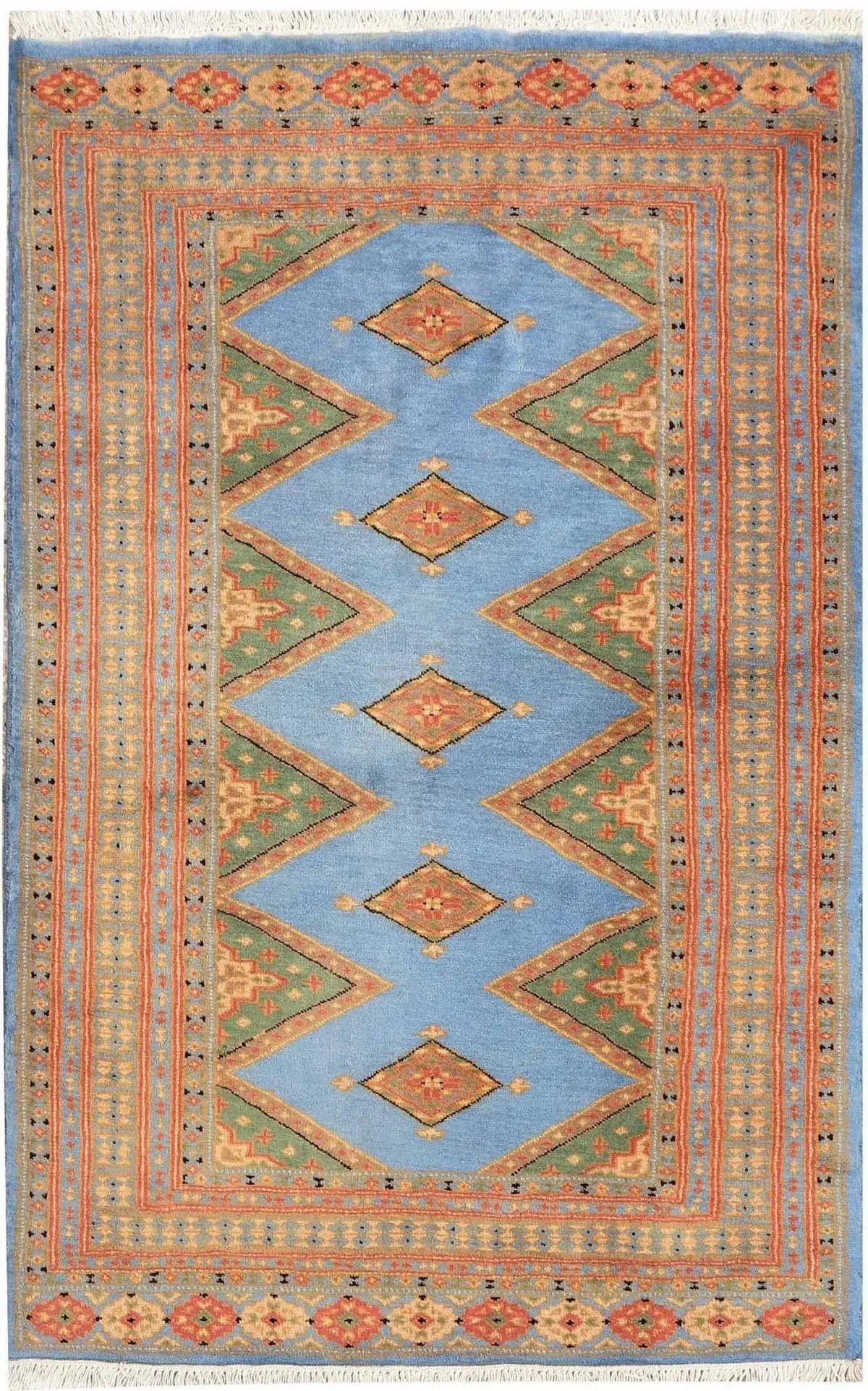 Sky Blue Java Kingdom Hand Knotted Area Rug featuring intricate geometric patterns in vibrant colors, ideal for enhancing the elegance of large living room spaces. Perfect choice for those seeking stylish rugs for living room decor.