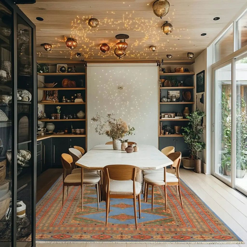 A stylish dining room featuring the Sky Blue Java Kingdom Hand Knotted Area Rug, perfect for large living rooms. The rug's intricate patterns in blue and orange add a vibrant touch under a modern dining table set, complementing the warm, cozy ambiance.