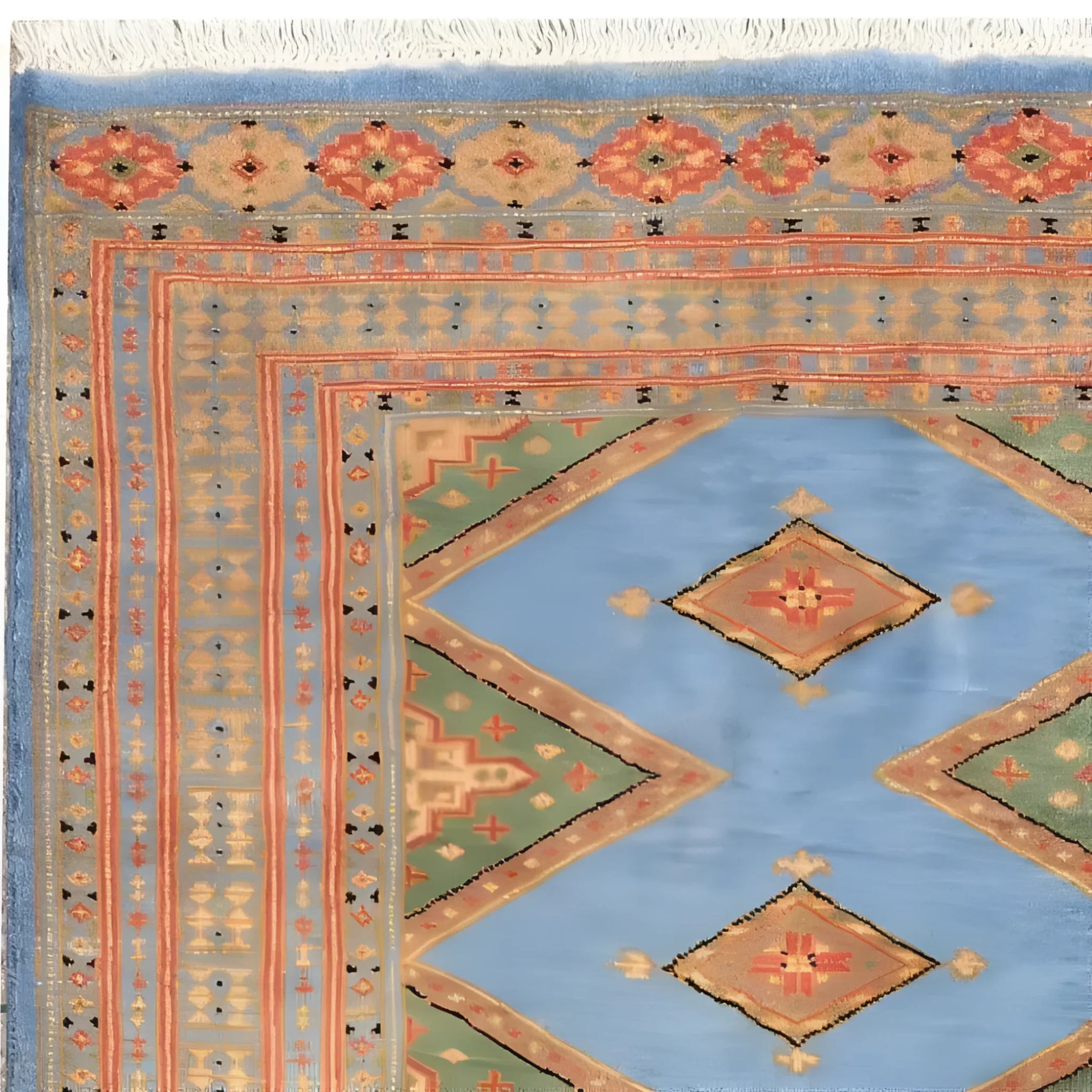 A beautifully designed Sky Blue Java Kingdom Hand Knotted Area Rug, perfect for enhancing your living room decor. The rug features intricate patterns with vibrant colors, ideal for those seeking large living room rugs that add a touch of elegance and style.